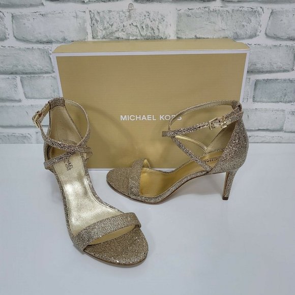 MICHAEL Michael Kors Shoes - Michael Kors Womens 6.5 Ava Mid Sandal Glitter Mesh Sand Heels Evening Cocktail
